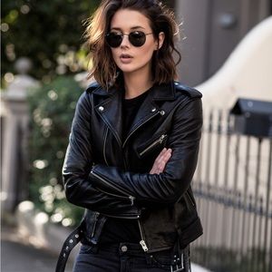 ZARA Black Moto Biker Jacket Genuine Leather size Medium